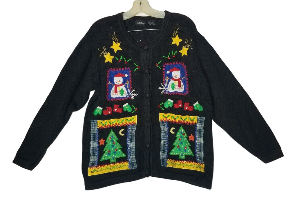 One Resource Womens Ugly Christmas Tree Sweater Cardigan Snowman Large